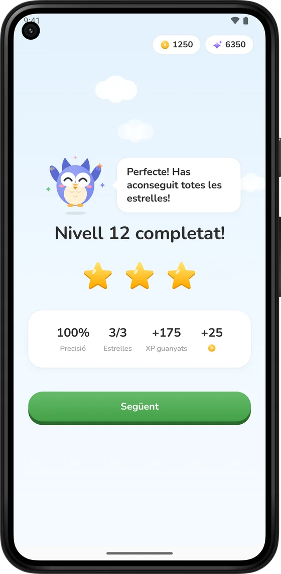 Pantalla de nivell completat amb tres estrelles i monedes