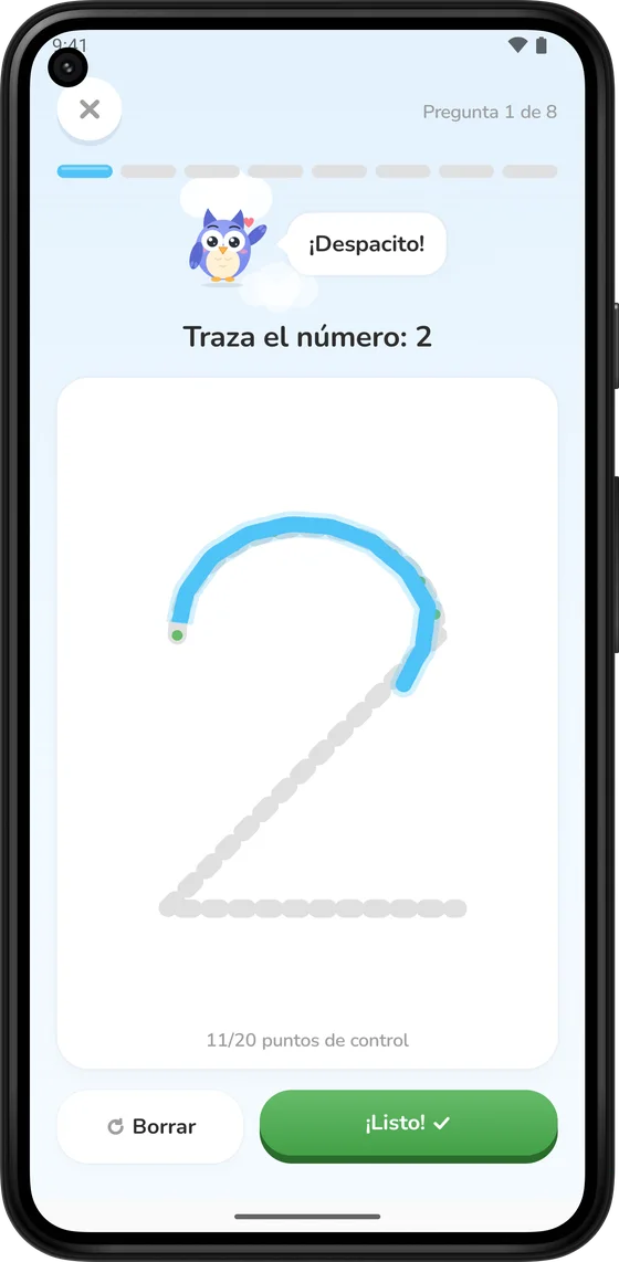 Trazando el número 2 con el dedo en Math Learner