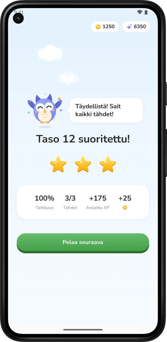 Tason läpäisynäyttö kolmella tähdellä ja kolikoilla