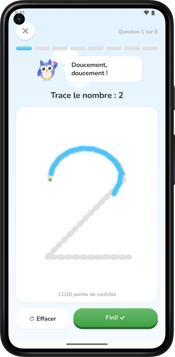 Tracé du chiffre 2 du doigt dans Math Learner