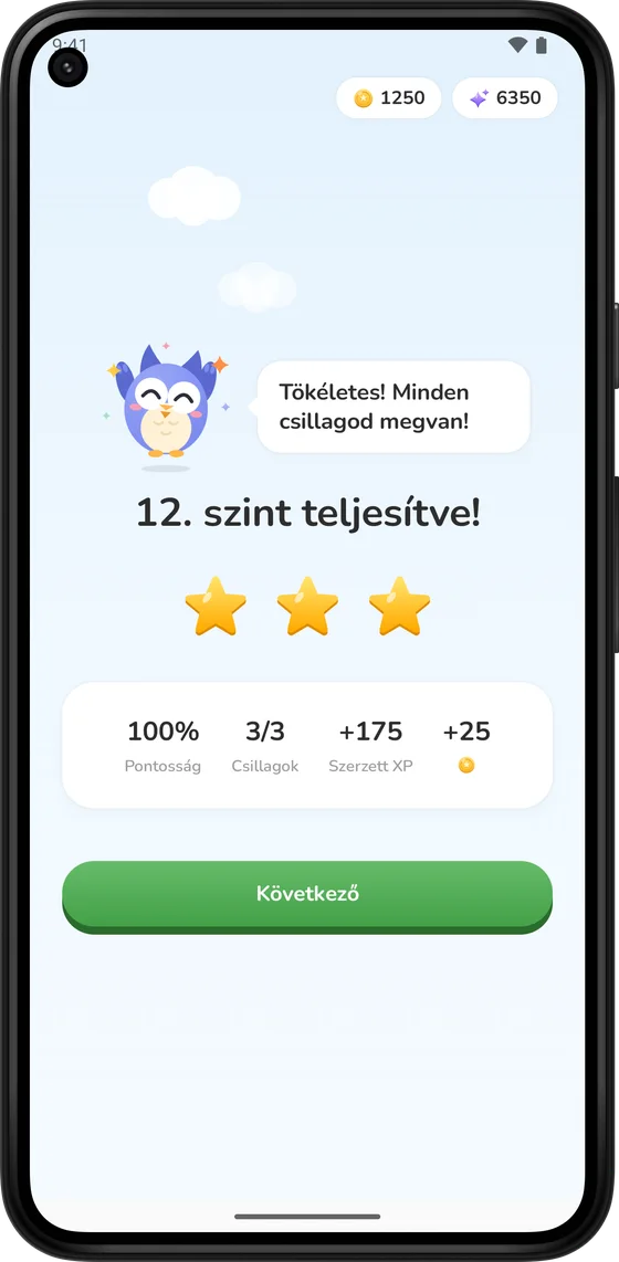 Szint vége képernyő három csillaggal és érmékkel