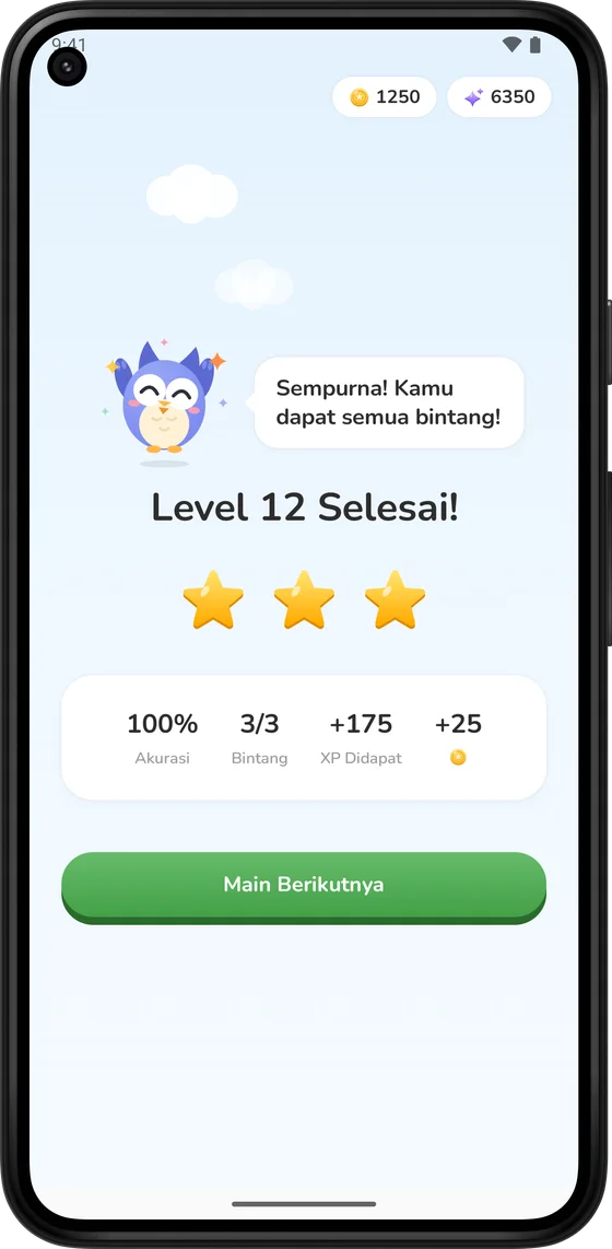 Layar level selesai dengan tiga bintang dan koin