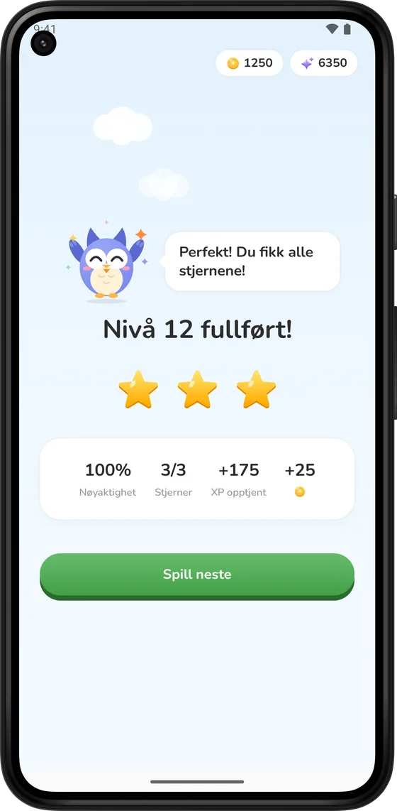 Skjermbilde for fullført nivå med tre stjerner og mynter