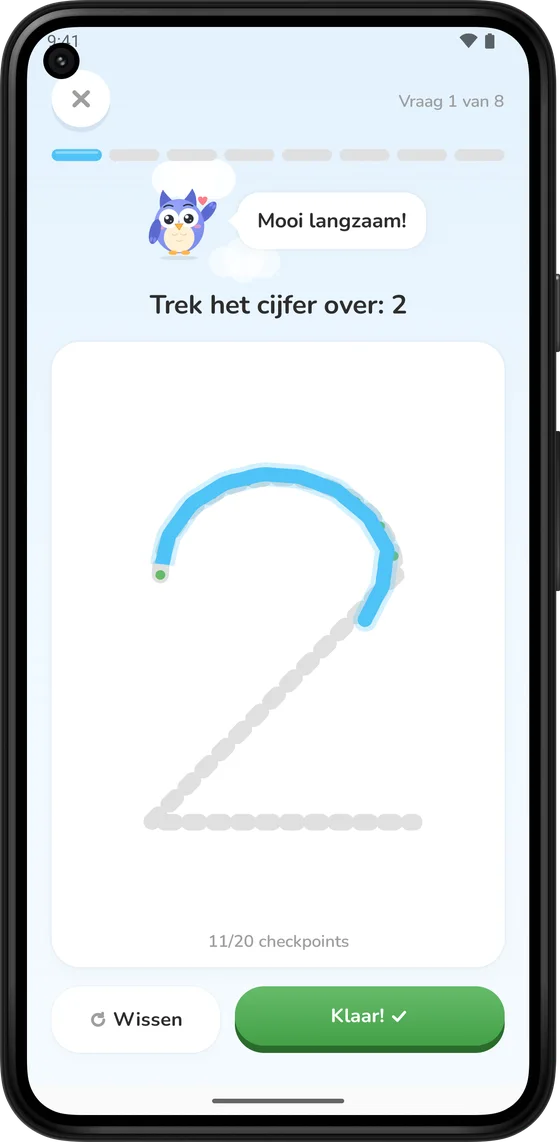 Het cijfer 2 nalopen met een vinger in Math Learner
