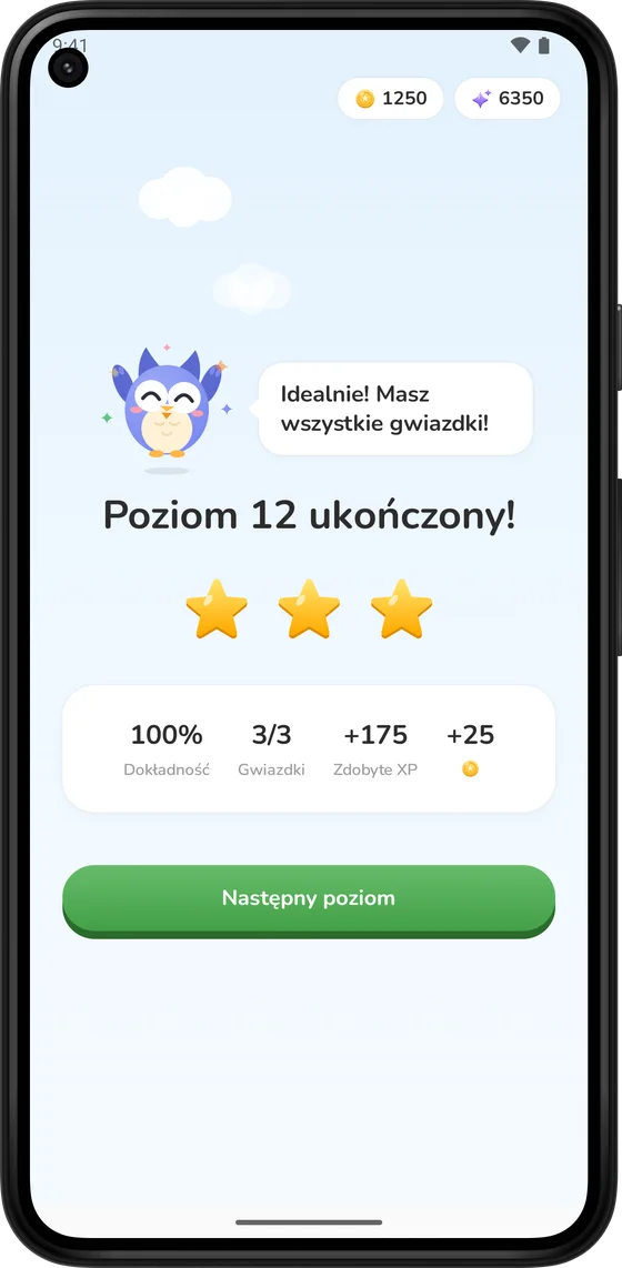 Ekran ukończenia poziomu z trzema gwiazdkami i monetami