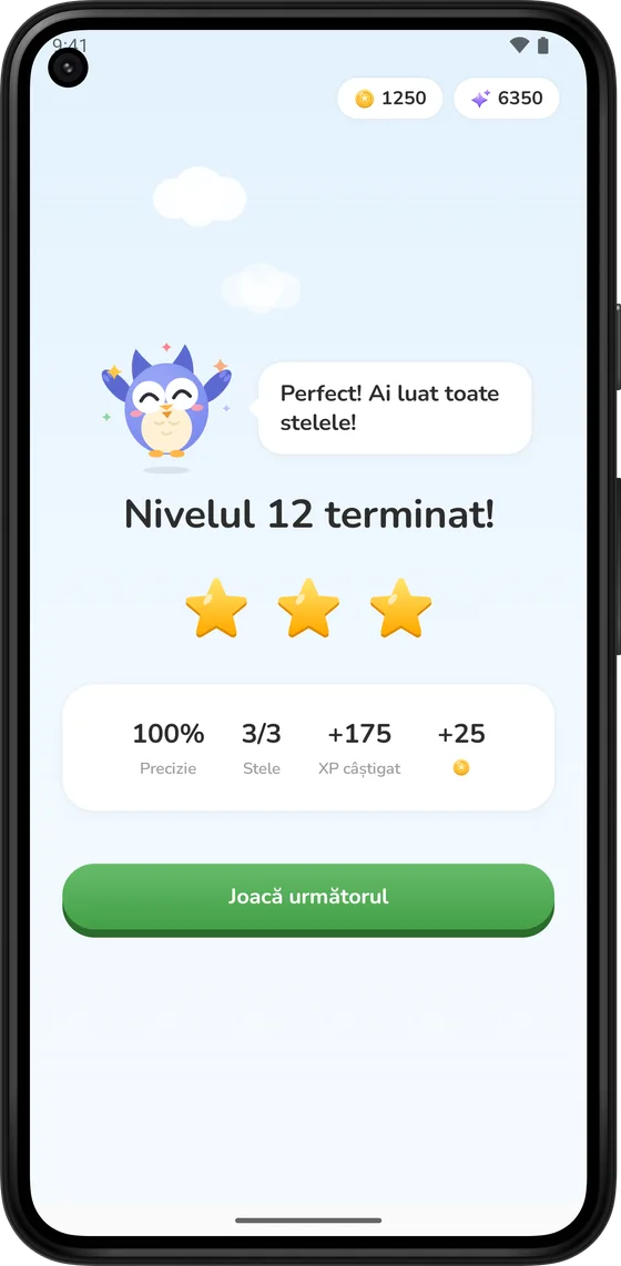 Ecranul de nivel terminat, cu trei stele și monede