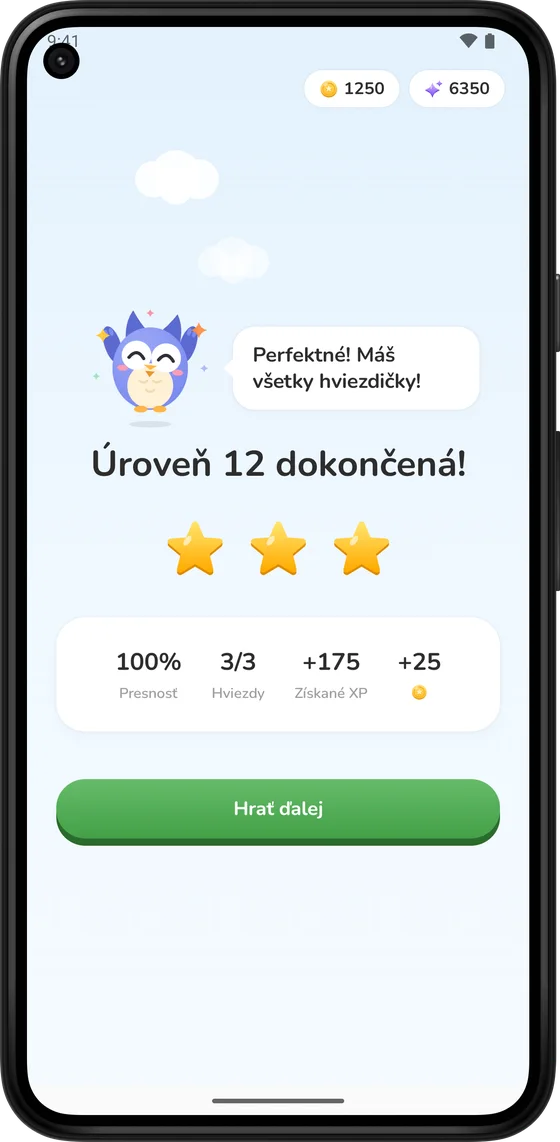 Obrazovka dokončeného levelu s tromi hviezdami a mincami