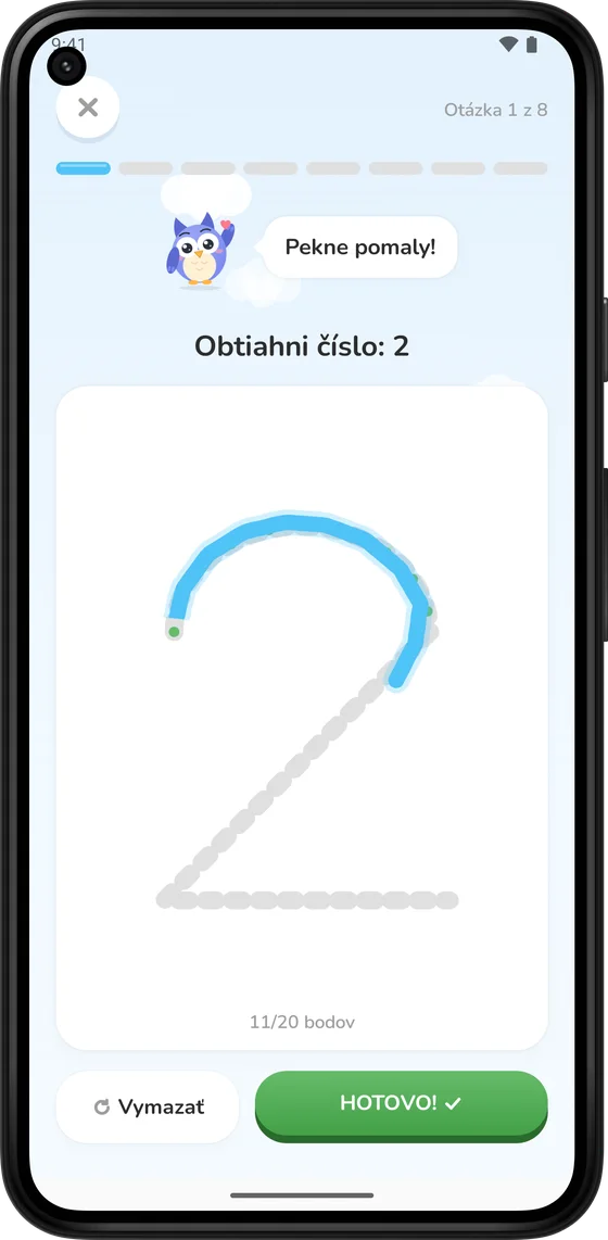 Obtiahnutie čísla 2 prstom v aplikácii Math Learner