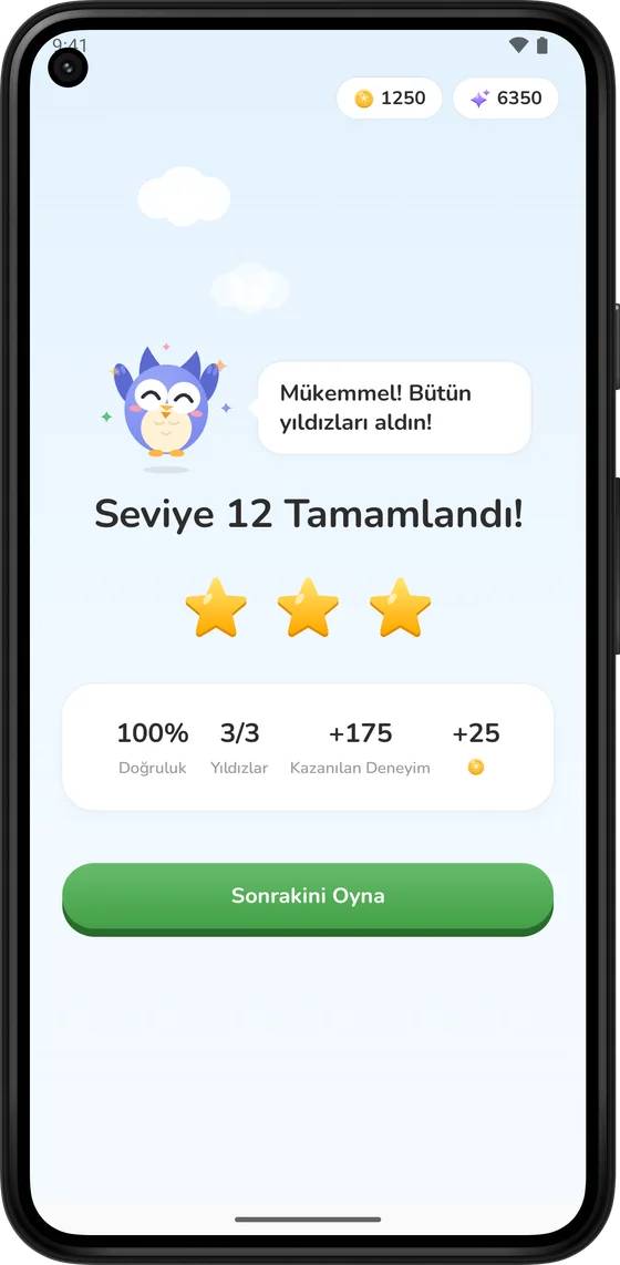Üç yıldız ve jetonlu seviye tamamlama ekranı