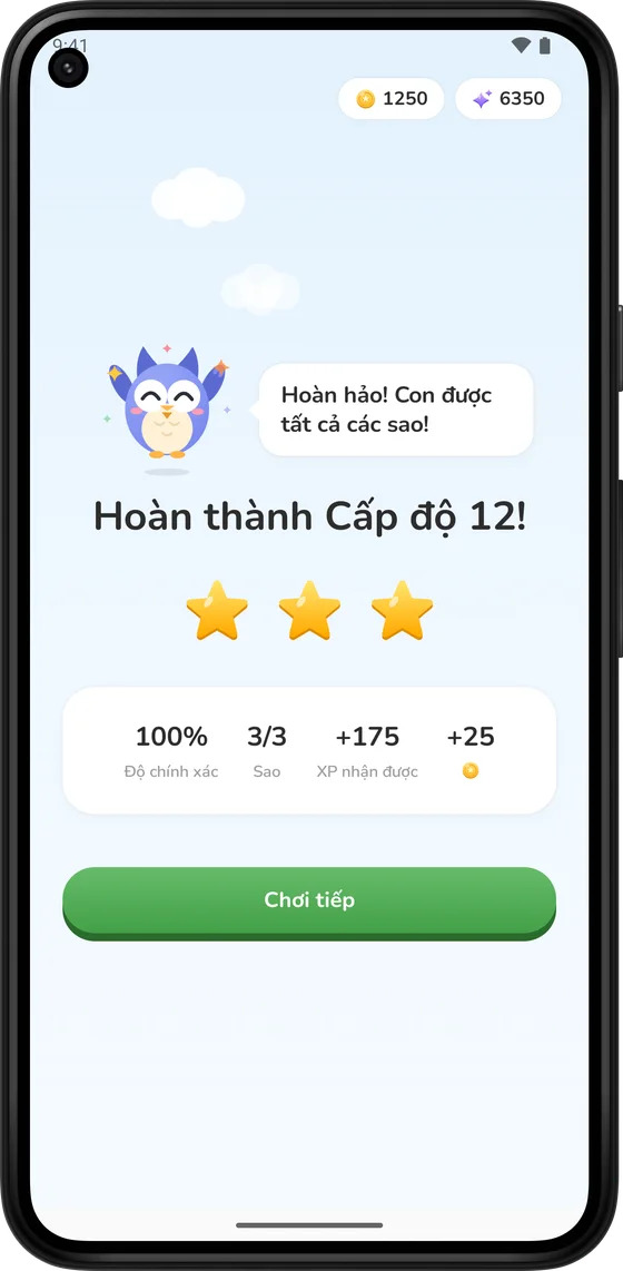 Màn hình hoàn thành màn chơi với ba sao và xu